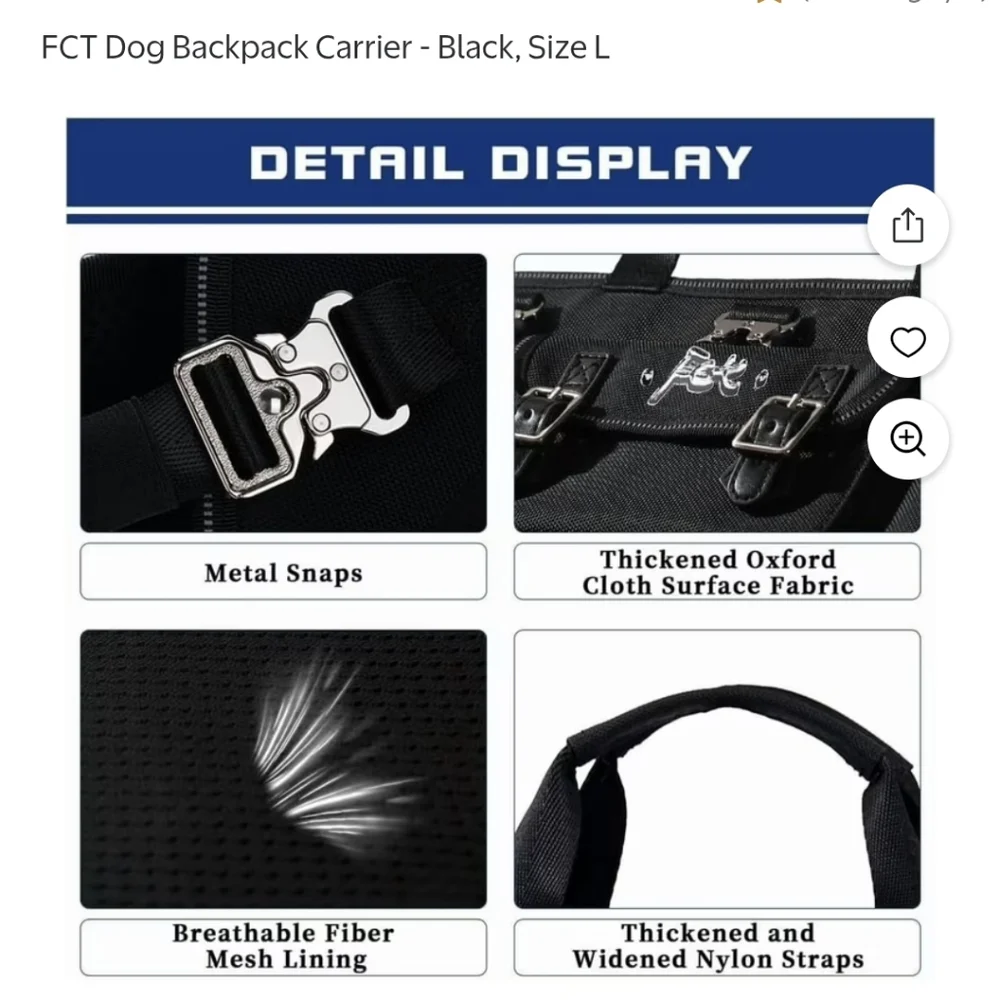 FCT Dog Backpack Carrier Black Size L